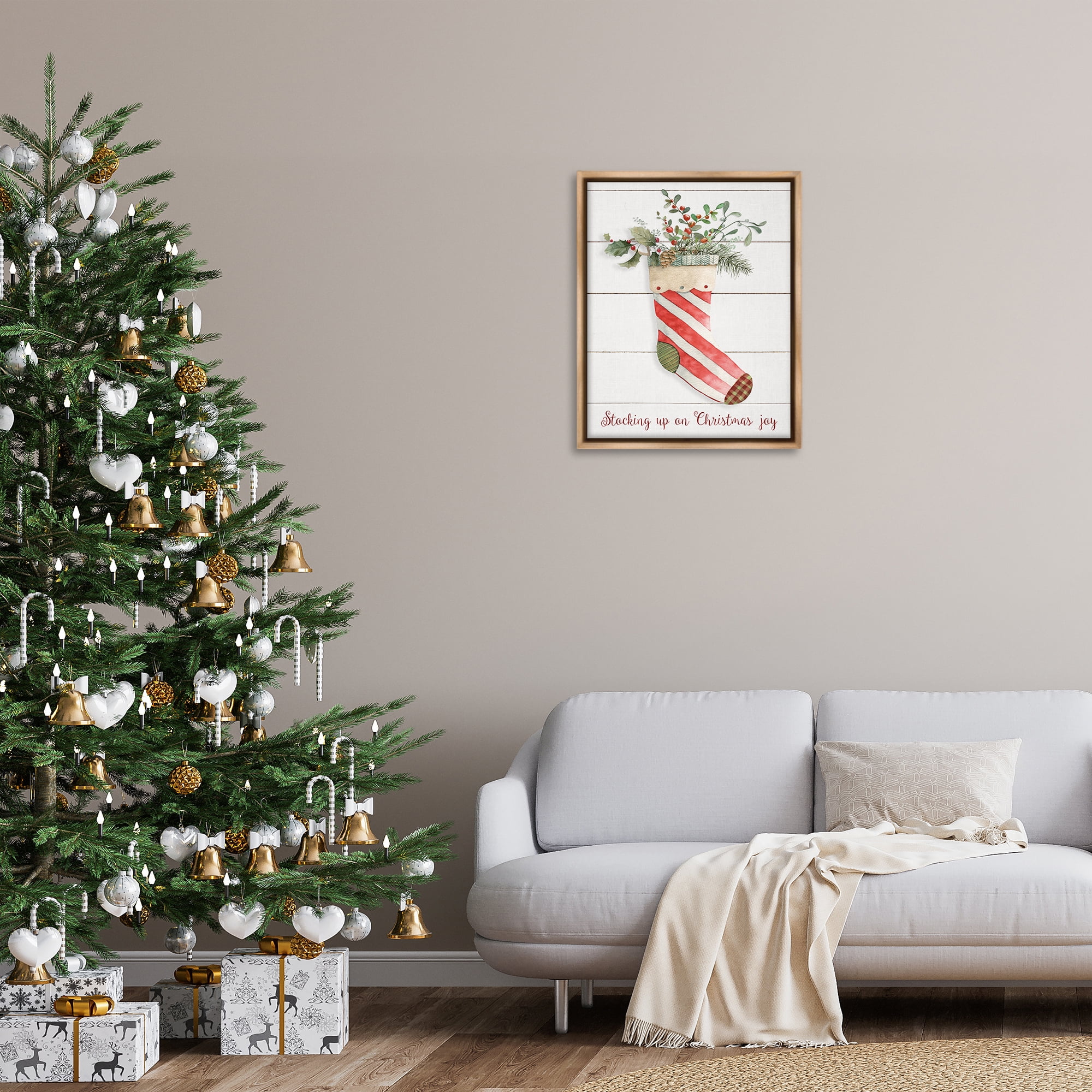 Stupell Industries Stocking Up On Christmas Holiday Painting Brown Floater Framed Canvas Art Prints Wall Art, 25 x 31