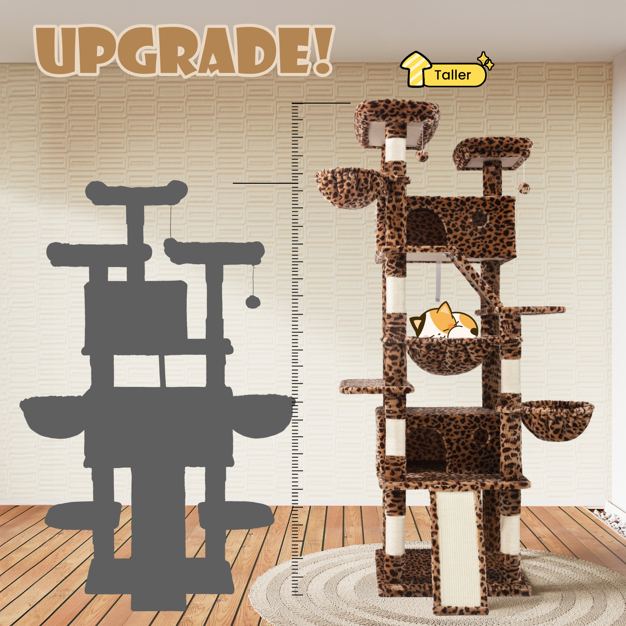 Sha Cerlin 81" Large Cat Tree Tower with Cat Condo & Hammock, Multi-Level & Sisal Scratching Post, Leopard Print