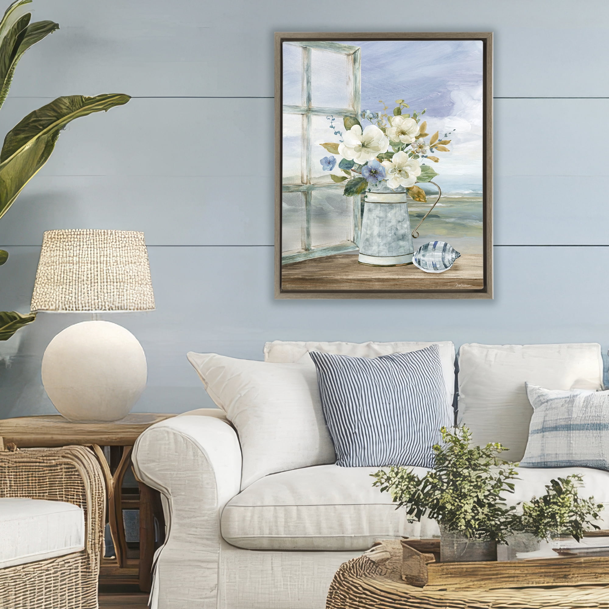 Stupell Industries Seaside Floral Bouquet Window Brown Framed Floater Canvas Wall Art, design by Carol Robinson