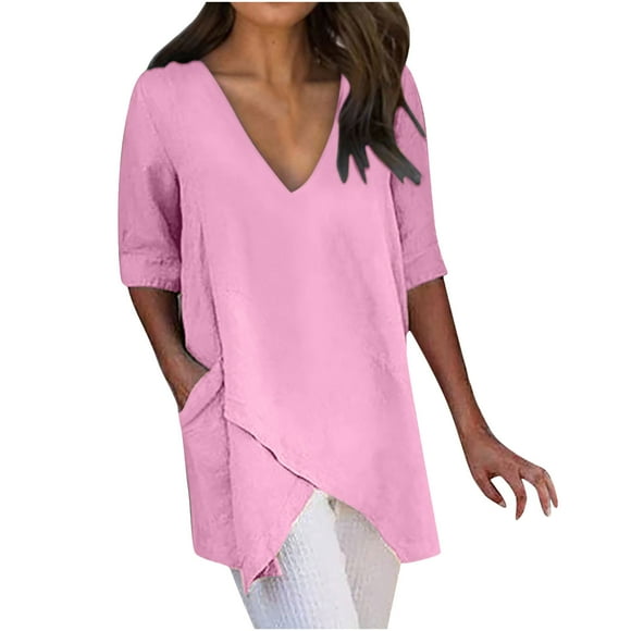 Clearance Crop Tops for Women Women's Summer Fashion Cropped Sleeves Deep V-Neck Cotton Line Slip Hem Loose Shirt Blouse With Pockets Basic Tees for Women 2- Pink