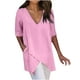 thumbnail image 2 of ICHUANYI Clearance Women's Summer Fashion Cropped Sleeves V-Neck Cotton Line Loose Shirt Blouse(Pink, XL) ICHUANYI WER2023080701675, 2 of 7