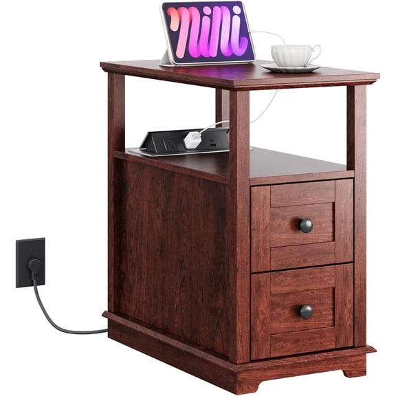 GALAXHERO Narrow Side Table with Charging Station Wooden End Table with 2 Drawers for Living Room, Bedroom, Small Space, Antique Cherry