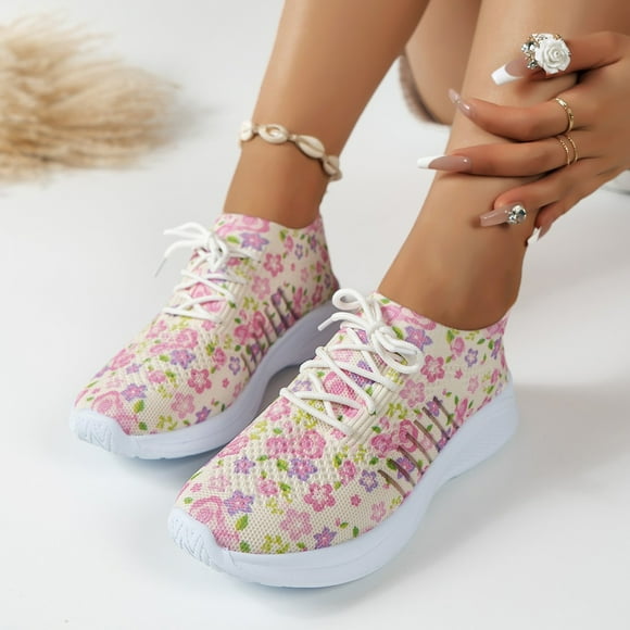 Bmisegm Ladies Floral Flyweave Mesh Sports Casual Socks Shoes Breathable Plus Size Lightweight Running Shoes Sneakers Casual ShoesCasual Shoes for Women Pink 38