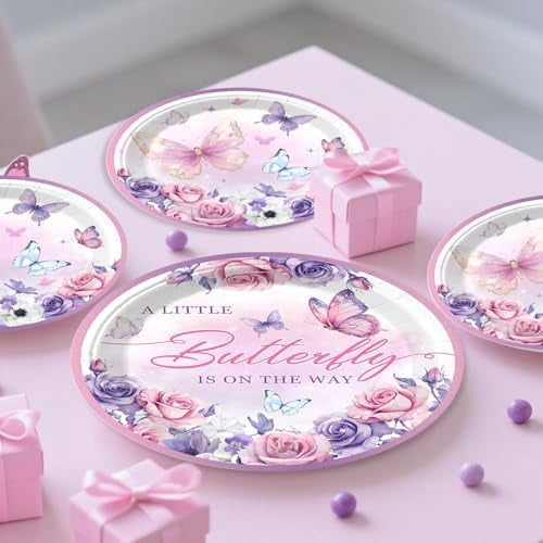 Butterfly Baby Shower Decorations Balloons Plates and Cups and Napkins Sets Purple Pink Sweet Baby Girl Baby Shower Themes A Little Butterfly is on Her Way Decorations for Girl