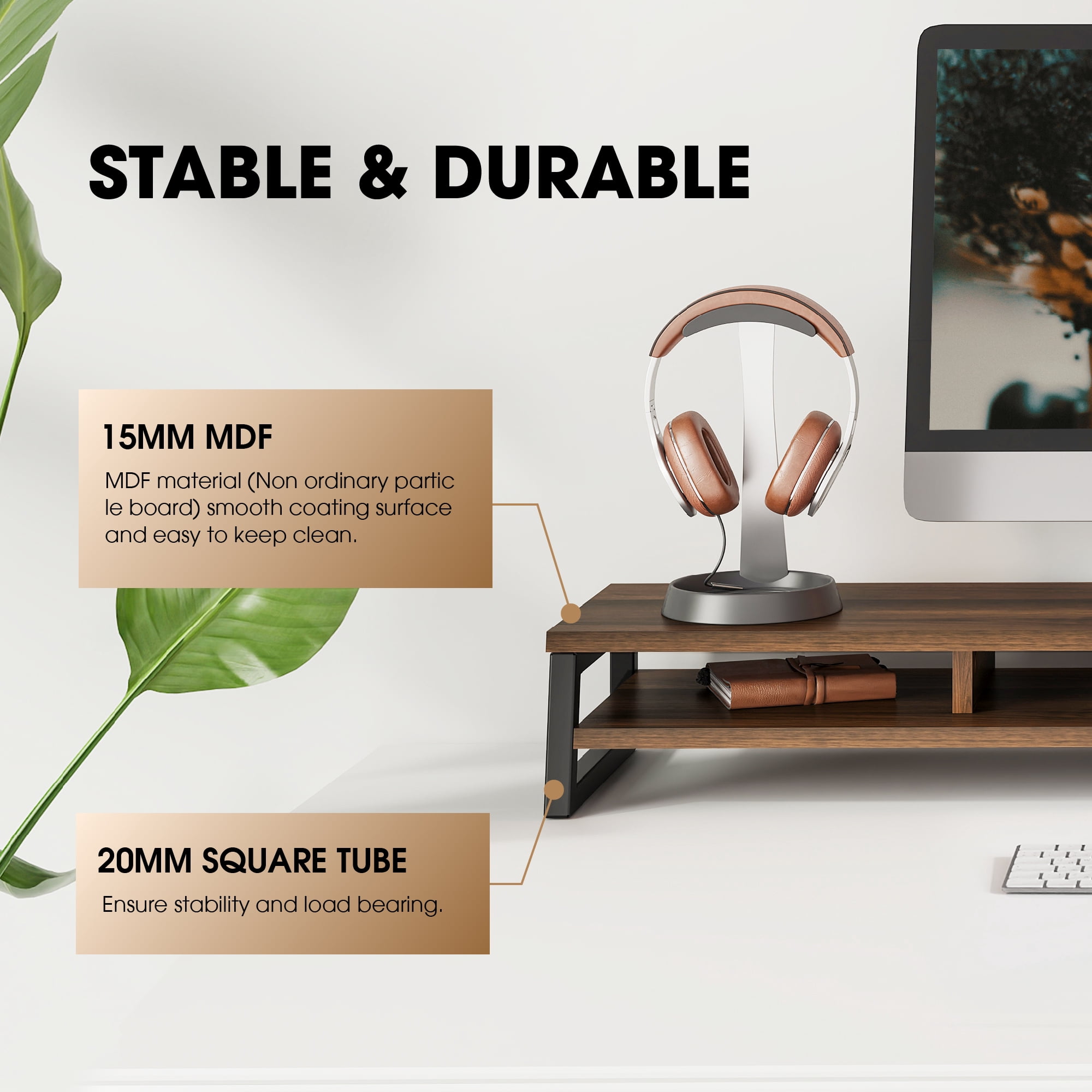 Fenge 42.5" Large Dual Monitor Stand, 2-Tier Desk Riser with Storage for Computers and Printers