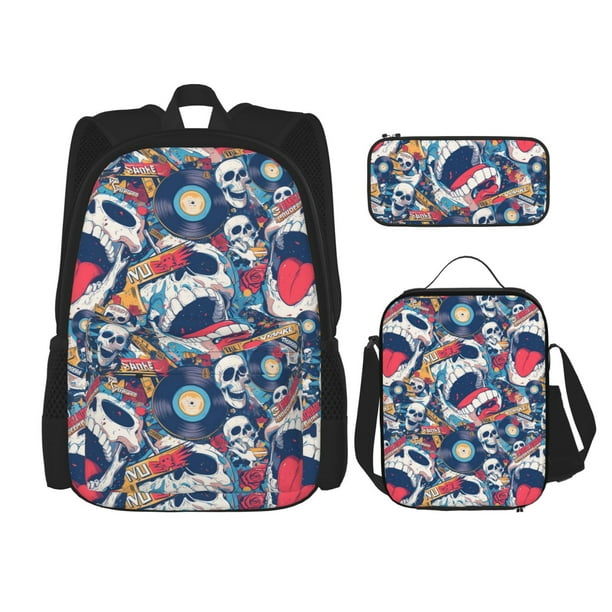 Disketp cool rock Skull Mochila Estampada de Gran Capacidad con Lonchera y Estuche, Set de 3 Piezas para Estudiantes