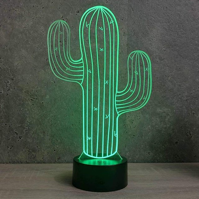 Lámpara de luz nocturna de flor de cactus 3d Ilusión Led 7 Cambio de color Interruptor táctil Mesa Escritorio Decoración Lámparas Regalo con base de acrílico plana Abs Usb Feliz Sencillez
