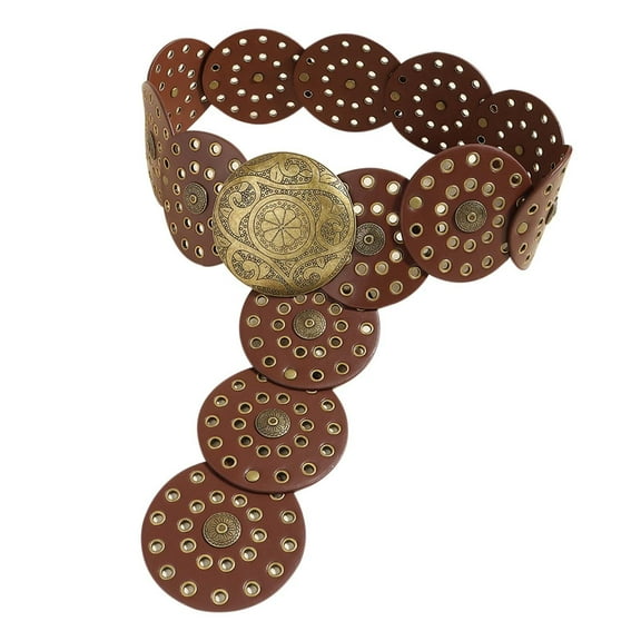 SXcggal Vintage Western Style Women's Belt Exaggerated Round Hollow Metal Plated Wide Leather Belt