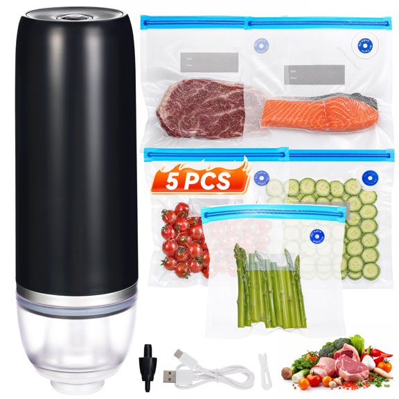 YEERSWAG® Portable Handheld Vacuum Sealer Machine,USB Rechargeable Mini Automatic Food Vacuum Pump with 5 Reusable Vacuum Bags,60Kpa Powerful Suction for Meat, Fruit,Vegetable and Snack Food Storage