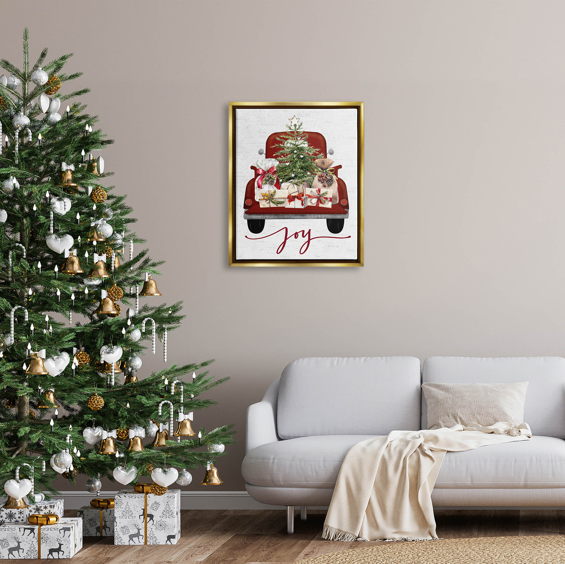 Stupell Industries Joy Holiday Red Gift Truck Graphic Art Metallic Gold Floating Framed Canvas Print Wall Art, Design by Lettered and Lined