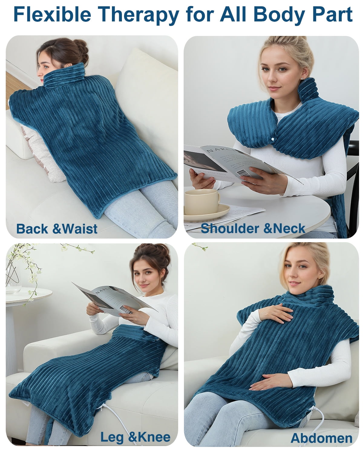 Heating Pad with Massager for Back Pain Relief 24 x35inch,Auto-Shut Off, 2 Heat Settings Wearable Heating Pad Wrap,Machine Washable,Teal