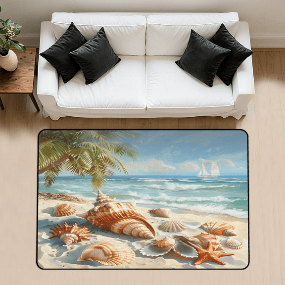 CURLYOOT Starfish Beach Area Rug 3x5 Ft Rugs for Entryway Entrance Kitchen, Washable Non Slip Seashell Palm Tree Indoor Floor Carpet for Bedroom Living Room