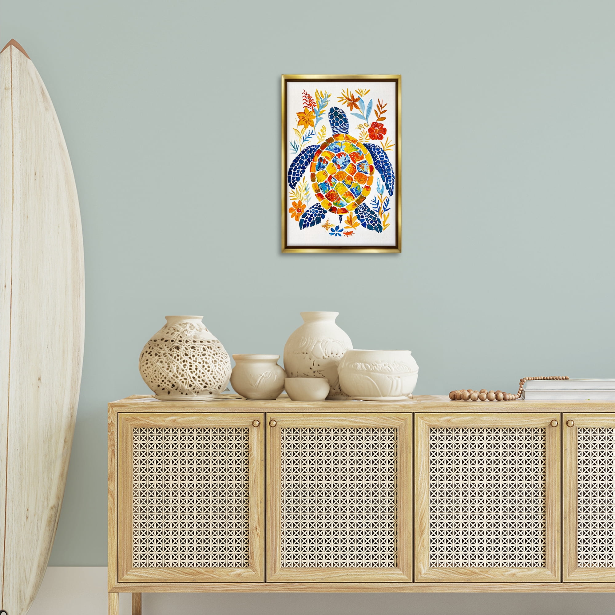 Stupell Industries Nautical Patterned Turtle Coastal Painting Gold Floater Framed Canvas Art Print Wall Art, 17 x 25