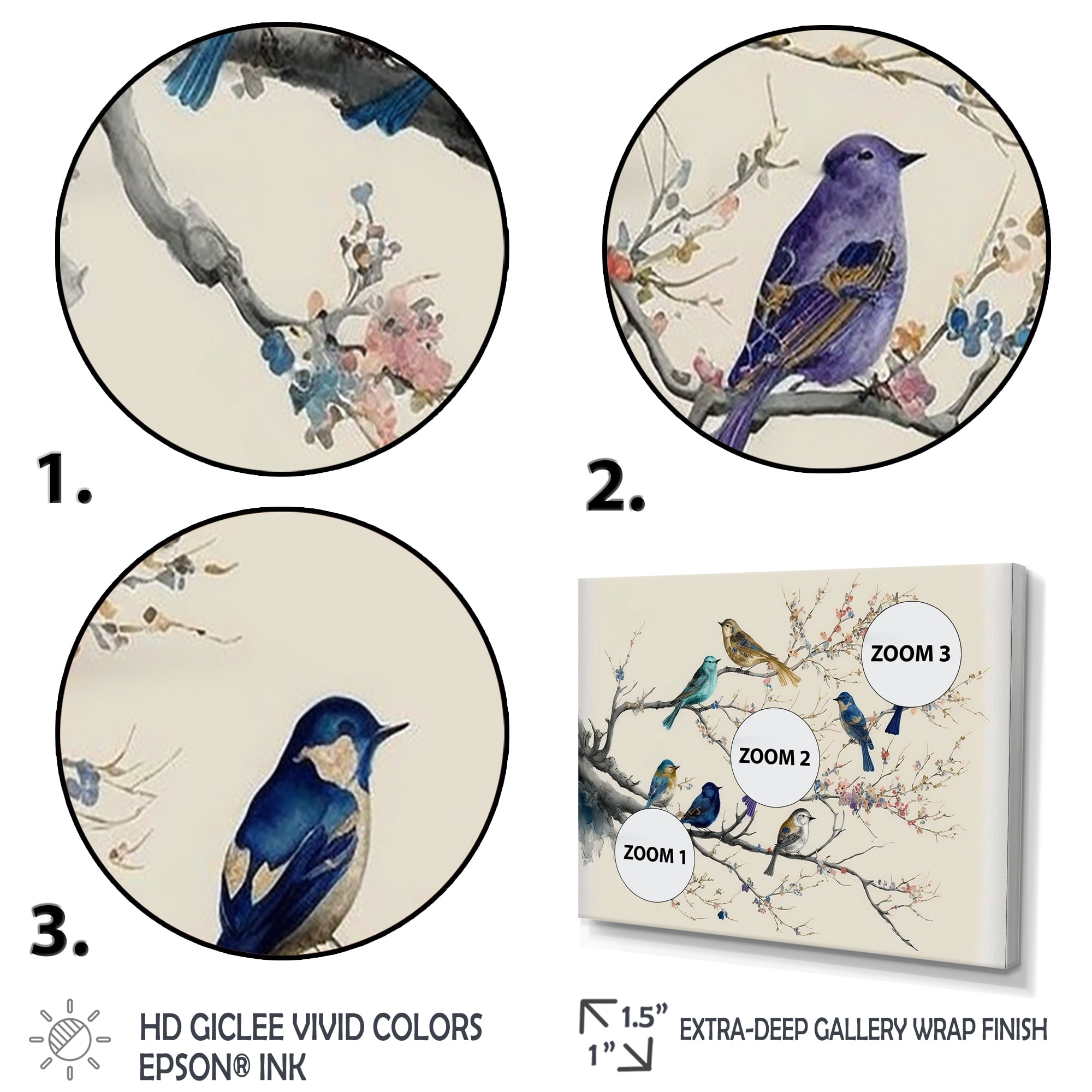 Designart Multicolor Birds On Plum Blossoms Tree IV Canvas Wall Art