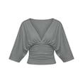 thumbnail image 6 of VBVC Women's Ruched V-Neck Batwing Sleeve Crop Tops , Ladies' Front Gathered Blouses , Casual Fitted Cropped Shirts For Women,Gray,S-3XL, 6 of 6
