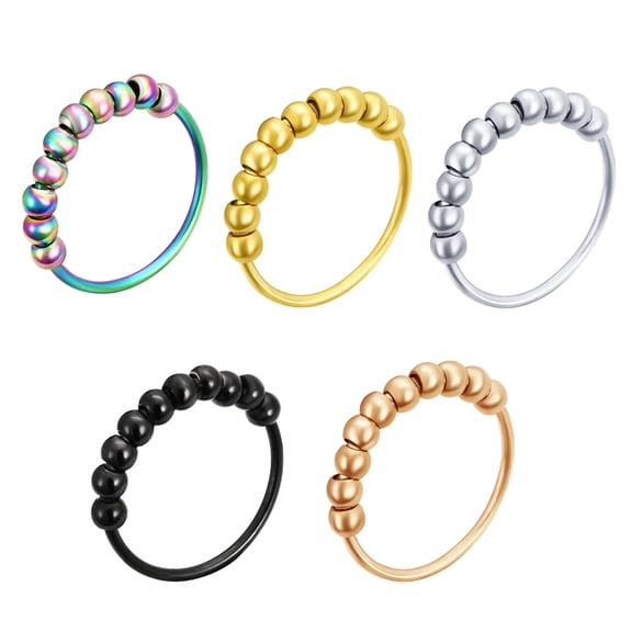 5pcs Anti Anxiety Ring Set for Men Women Silver Gold Rose Gold Black Rainbow Spinner Rings with 10 Beads Stainless Steel Stress Relief Band Ring