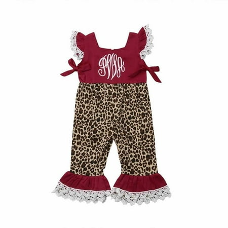 Apple Bottoms Romper Infant Toddler Baby Girl Lace Ruffle Sleeve Leopard Romper Long Bell-Bottom Pant Jumpsuit ()