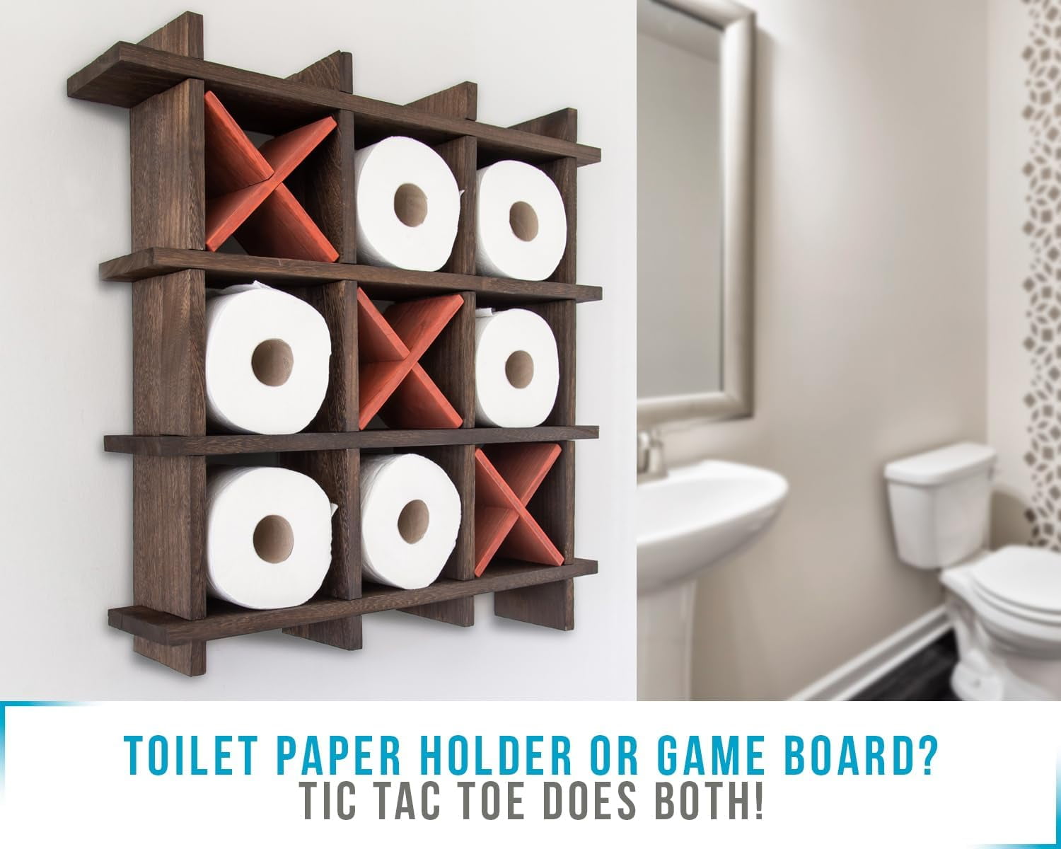 Comfify Tic Tac Toe Toilet Paper Holder, Torched Brown, Bathroom Tissue Storage Shelf for Wall Mount and Freestanding Use