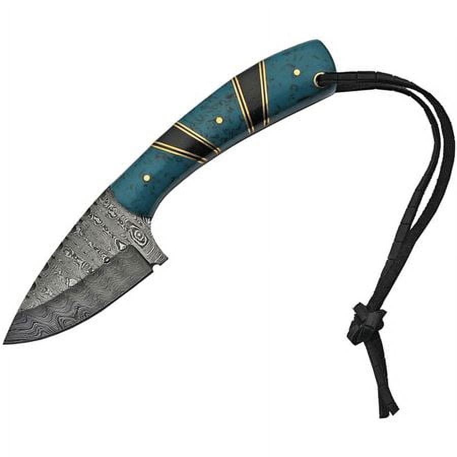 SANZ 7.25" Damascus Steel Fixed Blade Knife with Turquoise Resin Handle and Leather Sheath