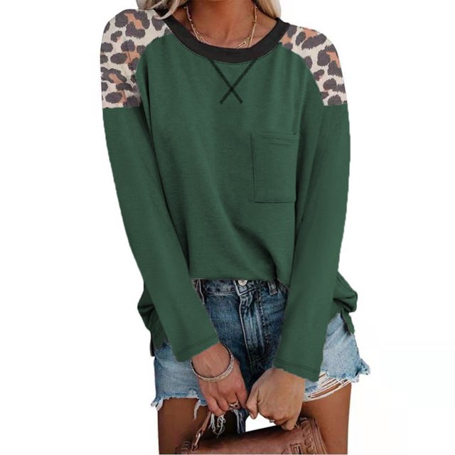 Blusa holgada de manga larga con cuello redondo en color verde negruzco para mujer, talla XL, camiseta con bolsillo y estampado de leopardo