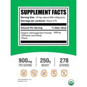 BulkSupplements Organic Ashwagandha Powder - 2g per Serving - 250 Grams (8.8 oz) - 125 Servings
