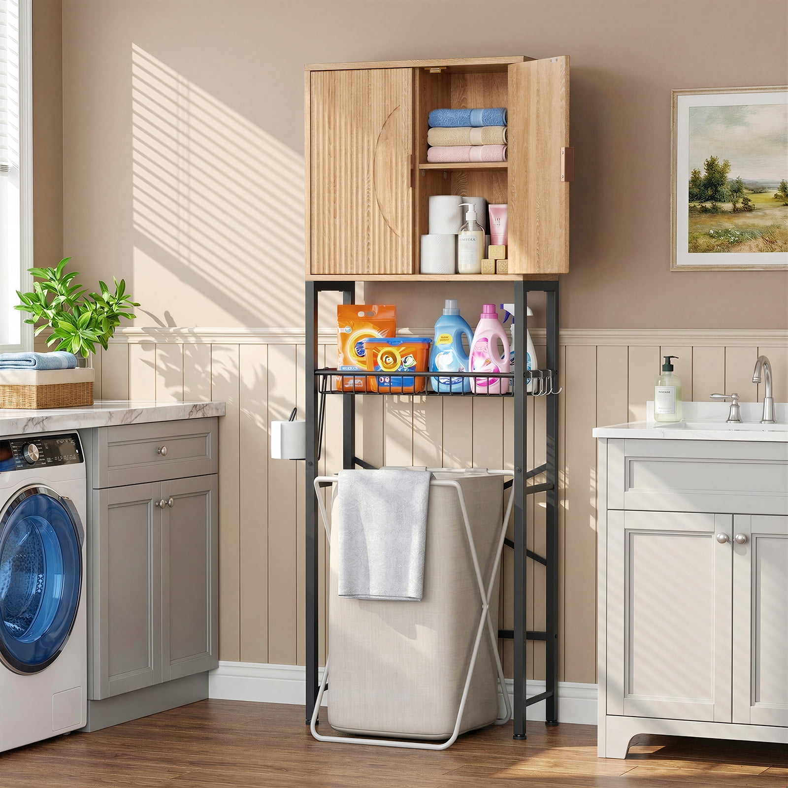 Biemlerfn Over the Toilet Storage Cabinet, Bathroom Storage Organizer with Adjustable Shelf, Toilet Paper Holder & Hooks, Freestanding Space Saver, Natural