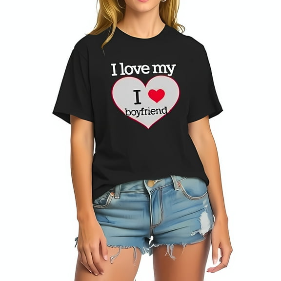 Cotton Short Sleeve T-Shirt with Heart Graphic " I Love My Boyfriend " - Casual Oversized Tee for Summer Style