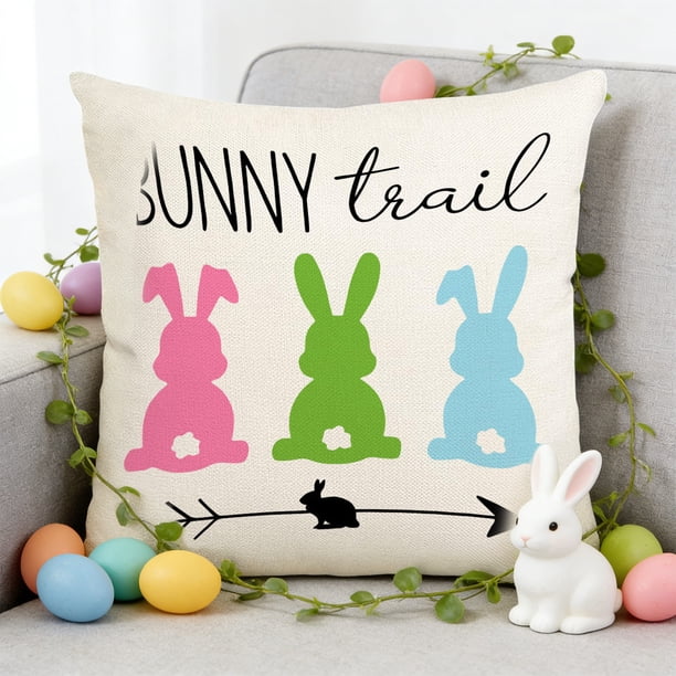 Funda de cojín de Pascua | Funda de cojín decorativa de lino blanco de 45 x 45 cm con diseño de conejo y huevo para sofá cama y decoración de temporada