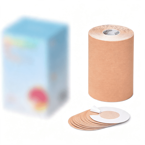 RAQOE Cotton Chest Binding Tape with Nipple Covers for Ftm Transgender,Extra Wide,4In X 16.5 Feet Soft Cotton Breast Tape (Beige)