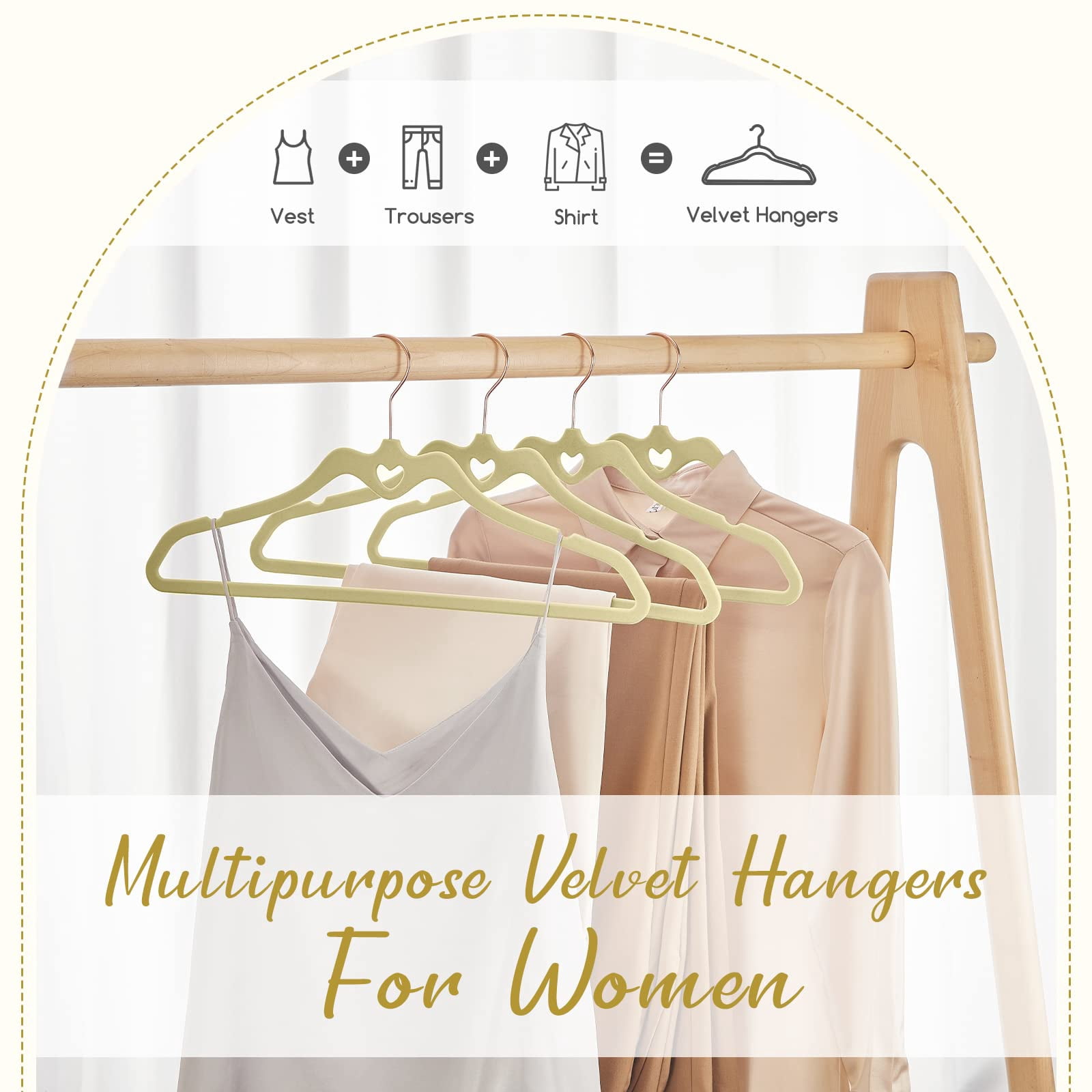 Velvet Hangers 60 Pack, Non Slip Flocked Felt Hangers, Sturdy Velvet Clothes Hangers, Cute Heart Hangers, Heavy Duty Coat Hangers, Ultra Slim Hangers for Closet Space Saving（Beige）