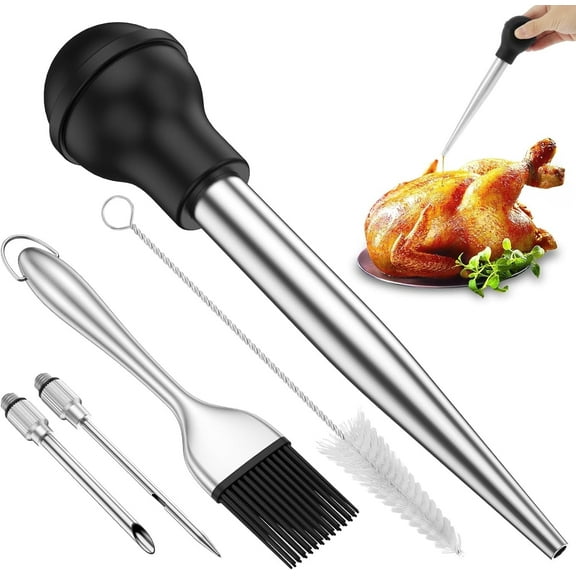 Turkey Baster,Stainless Steel Roaster Turkey Baster with Basting Basting,Cleaning Brush and 2 Marinade Injector Needles,Silicone Syringe Bulb,Reusable Meat Injector Set for Cooking BBQ Grill