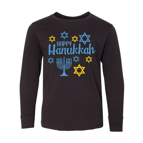 Inktastic Happy Hannukkah with Star and Menorah Long Sleeve Youth T-Shirt