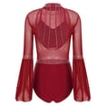 thumbnail image 4 of TSSOE Womens Mesh Flare Sleeve Bodysuit Mock Neck Sheer Leotard Gymnastics Figure Skating Dancewear Burgundy M, 4 of 7