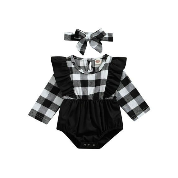 Biekopu XMAS Kids Baby Girls Clothes Set Plaid Print Long Sleeve Romper and Headband Outfits