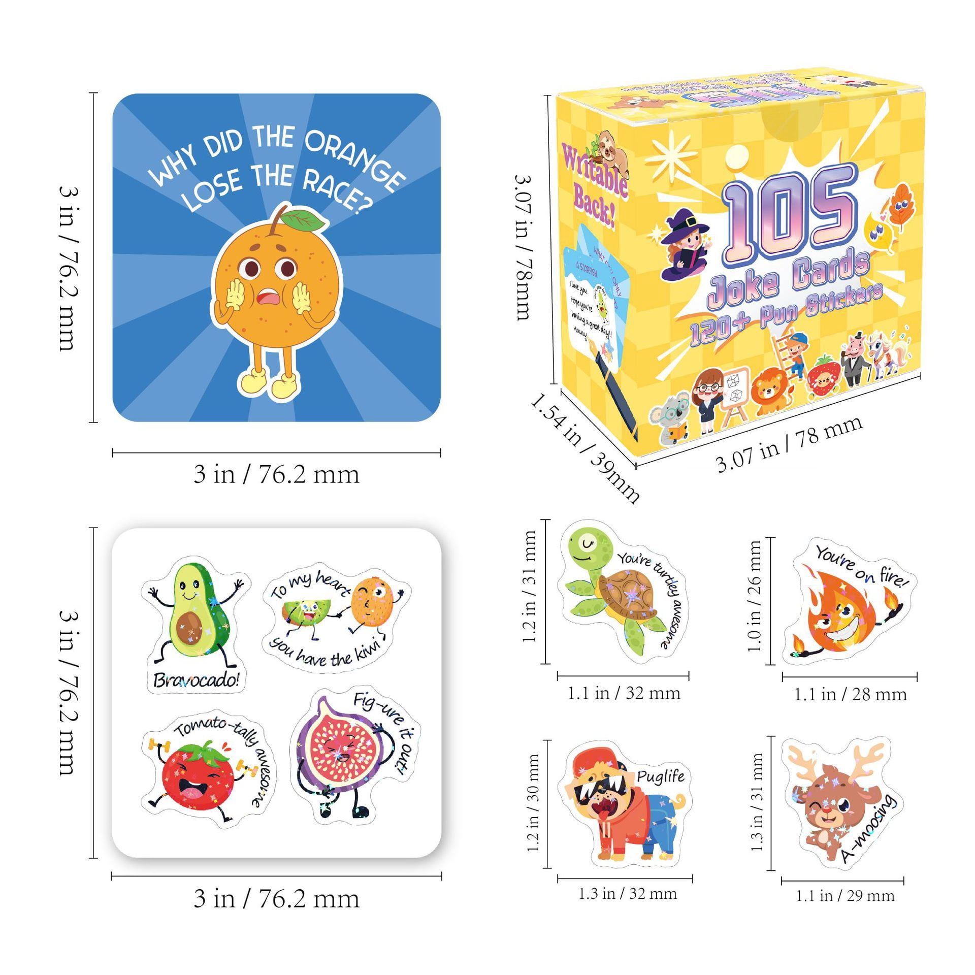gleaminglife 105 Joke Cards Lunch Box Notes, Funny Pun Joke Cards with 120 Stickers, Daily Humor Cards for School & Gifts