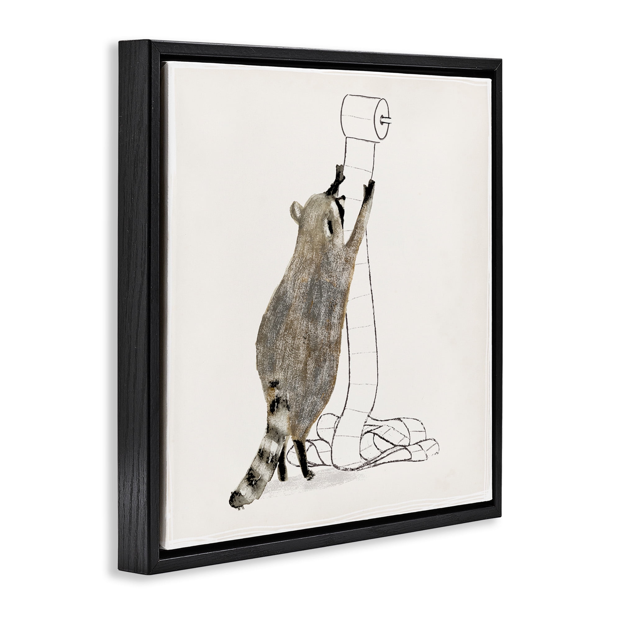 Stupell Industries Raccoon Toilet Paper Hoarder Animals & Insects Painting Black Floater Framed Canvas Art Print Wall Art, 18 x 18