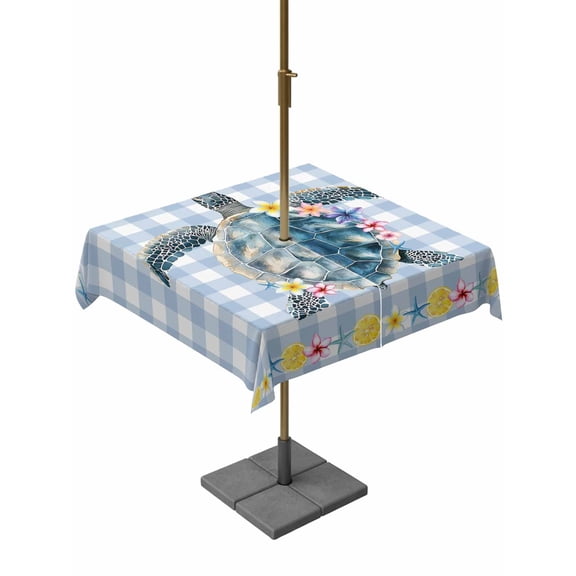 Outdoor Tablecloth with Umbrella Hole for Patio/Picnic/Party/Camping, Sea Turtle Coastal Waterproof Table Cloth Square Cover Washable, Floral Starfish Blue Checkered (60"x 60")