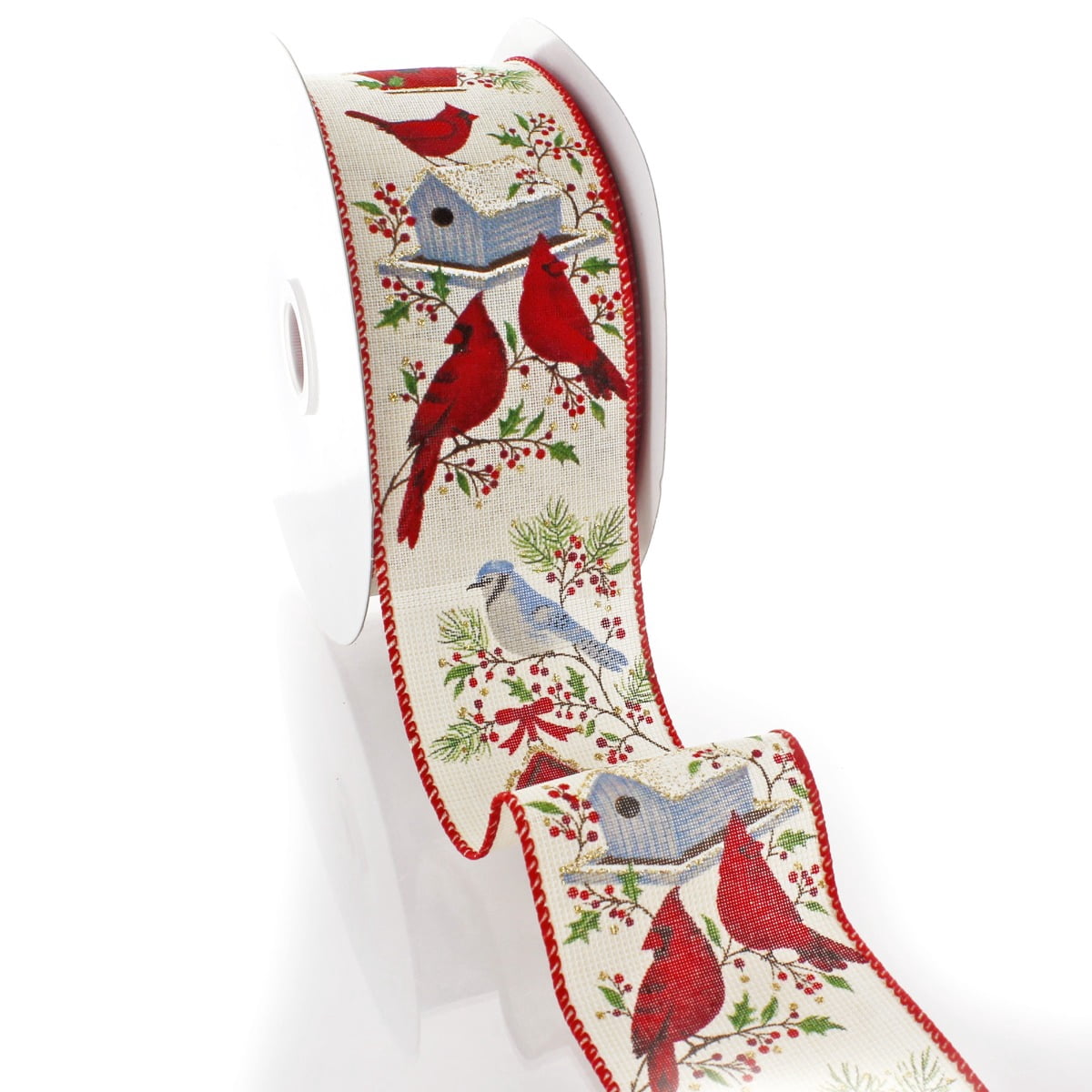 Ribbon Traditions Cardinal / Bluebird on Cream Wired Ribbon 2 1/2" by 10 Yards