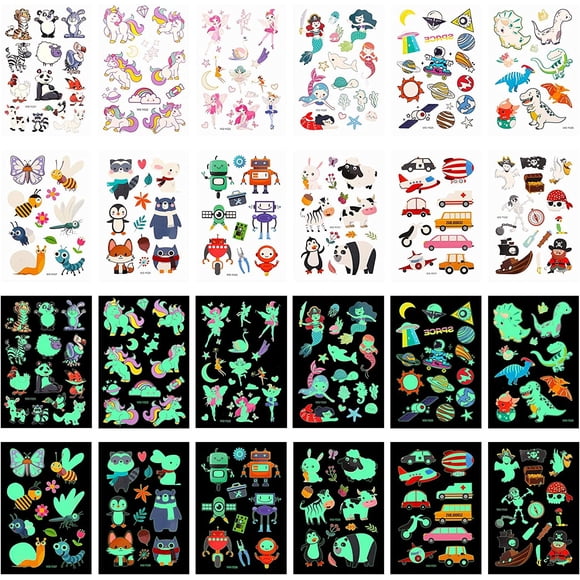 HSHDLDF Temporary Tattoos for Kids, 12 Sheets 135pcs Glow In The Dark Mixed Style Cartoon Tattoo Art Waterproof Tattoos for Boys Girls Party Favor Supplies