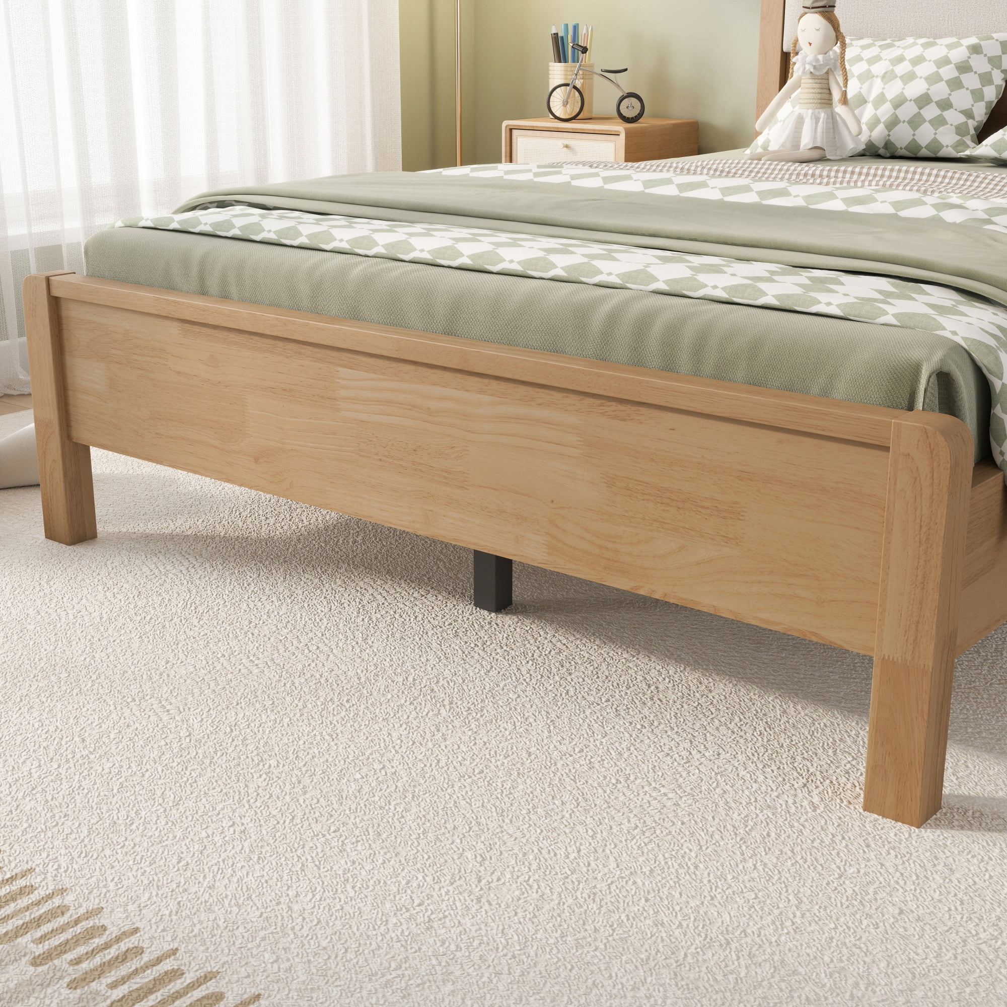 HOQBN Full Solid Rubberwood Bed Frame with Upholstered Headboard, Reinforced Central Support Legs for Bedroom Natural