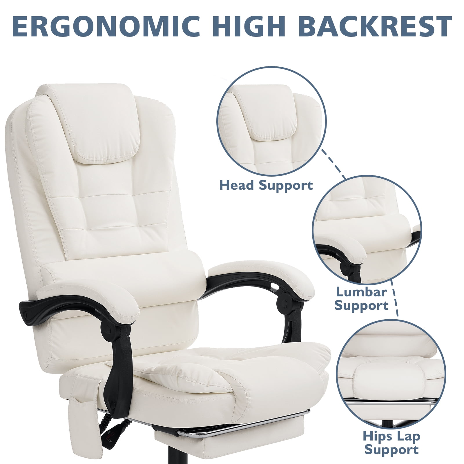 Hoffree Executive Office Chair Massage and Footrest Ergonomic Computer Desk Chair Reclining High Back Leather Office Chair Lumbar Back Support Swivel Rolling for Home Office Beige