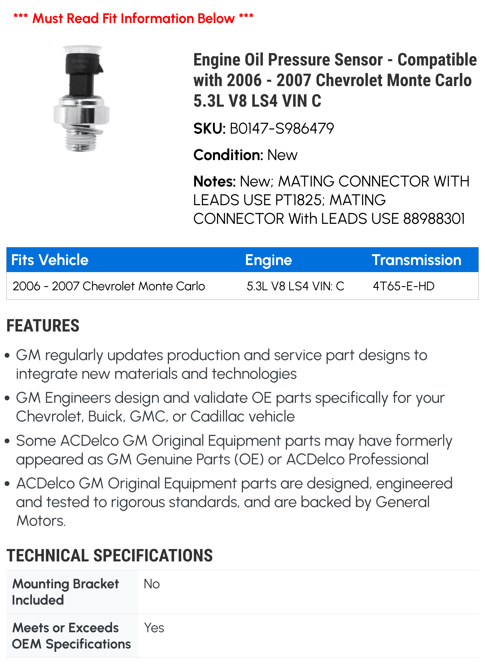 Engine Oil Pressure Sensor - Compatible with 2006 - 2007 Chevy Monte Carlo 5.3L V8 LS4 VIN C