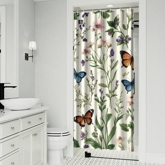 Pioneer Flower and Butterfly Shower Curtain 36"x72" ,Bathroom Decorative Shower Curtains Set with 12 Hooks,Modern Waterproof Washable Shower Curtain