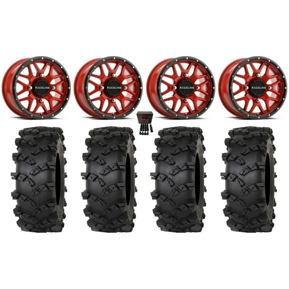 Raceline Krank 15" Wheels Red 33" Outlaw M/T Tires Can-Am Maverick X3 / Honda Pioneer 1000 / Talon