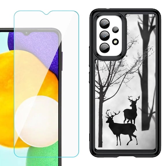 Shockproof Bumper (Black Frame) phone Case for Samsung Galaxy A23 5G, with Tempered Glass Screen Protector, by OneToughShield ® - Forest Deer