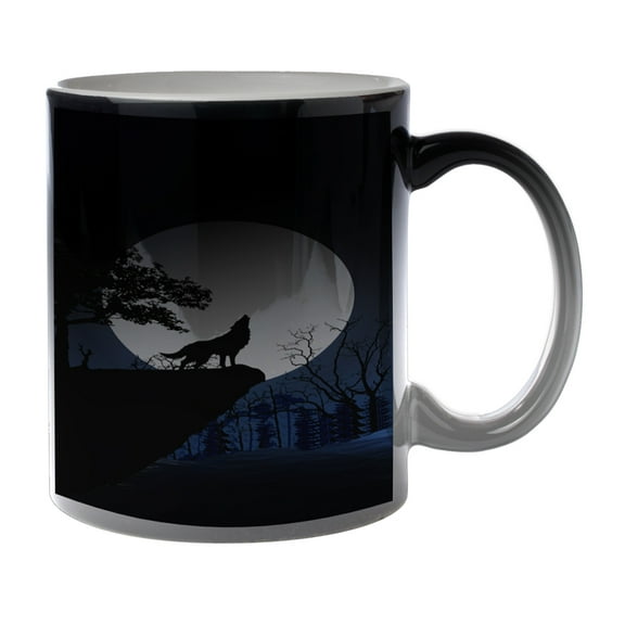 KuzmarK Black Heat Morph Color Changing Coffee Cup Mug 11 Ounce - Wolf Full Moon Mountain