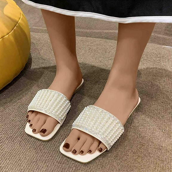 JeashCHAT Clearance Sandals for Women Women's Flat Sandals Bottomed Casual Shoes Square Toe Open Toe Slippers