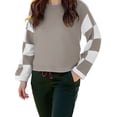 thumbnail image 2 of Womens Casual Checkered Color Block Sweaters Crew Neck Long Sleeve Cropped Knit Pullover Khaki XL, 2 of 8