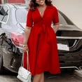 thumbnail image 2 of AURA Plus Size Suit Collar Swing Midi Dress Short Sleeve High Waist Belted Solid Color Summer, 2 of 10