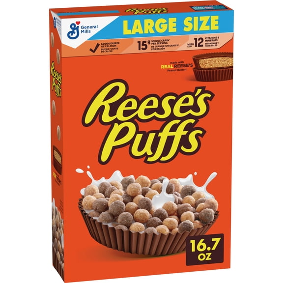 REESE'S PUFFS Breakfast Cereal, Chocolatey Peanut Butter Cereal, Large Size, 16.7 oz
